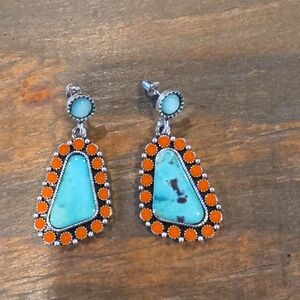 Fashion Jewelry Turquoise and Orange Dangle Earrings - Silver-Tone